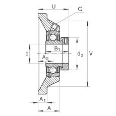 軸承座單元 PCJ20-N-FA125, 帶四個(gè)螺栓孔的法蘭的軸承座單元，鑄鐵，偏心鎖圈，P型密封，耐腐蝕保護(hù)